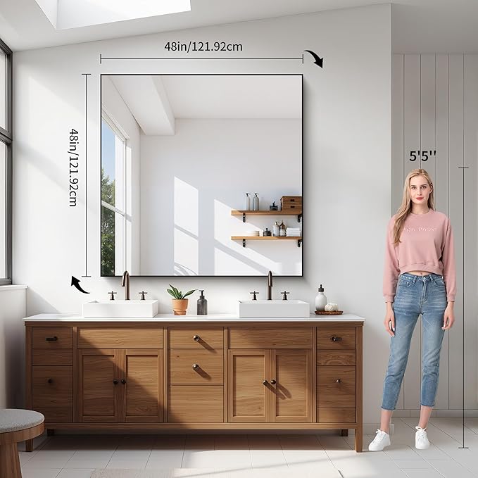 YIROMAN Bathroom Mirror for Wall 48"x48", Large Matte Black Bathroom Mirror with Metal Frame, Square Vanity Mirror with Right Angles, Wall Mirror Hangs Horizontal or Vertical, Shatterproof