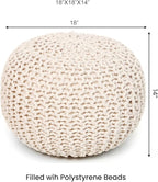 REDEARTH Round Pouf Ottoman –18"x18"x14" Hand-Knitted Cotton Pouffe –Cable Footstool –Boho Dori Hassock –Pre-Stuffed Poof – Extra Seat -Poofy Footrest for Living Room, Bedroom, Nursery, Nook –Ivory