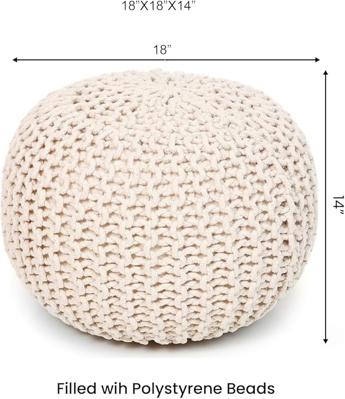 REDEARTH Round Pouf Ottoman –18"x18"x14" Hand-Knitted Cotton Pouffe –Cable Footstool –Boho Dori Hassock –Pre-Stuffed Poof – Extra Seat -Poofy Footrest for Living Room, Bedroom, Nursery, Nook –Ivory