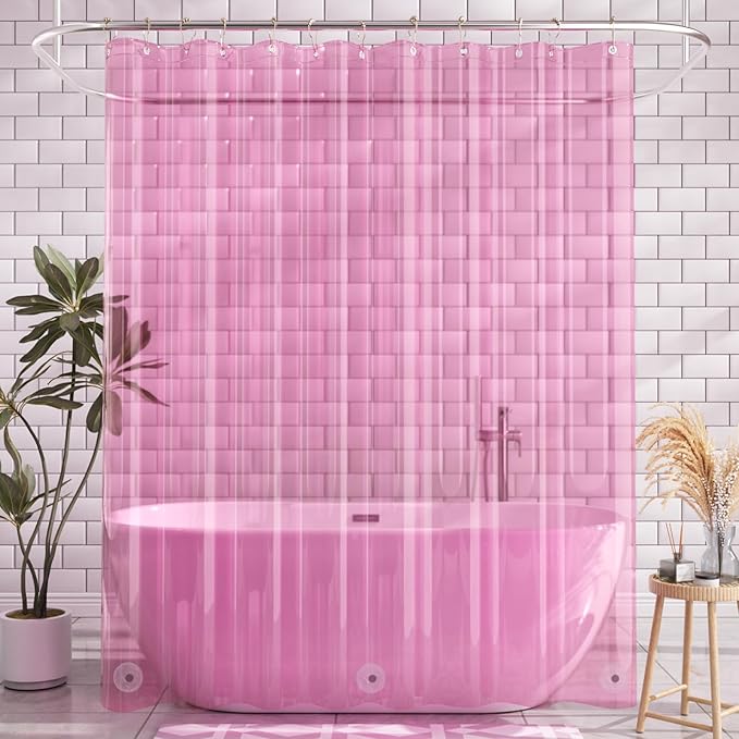 AmazerBath 72x78 Long Shower Curtain Liner, Clear Pink Plastic Shower Curtain Liner, Waterproof PEVA Shower Liner, Cute Lightweight Shower Curtains for Bathroom with 3 Magnets & 12 Rustproof Grommets