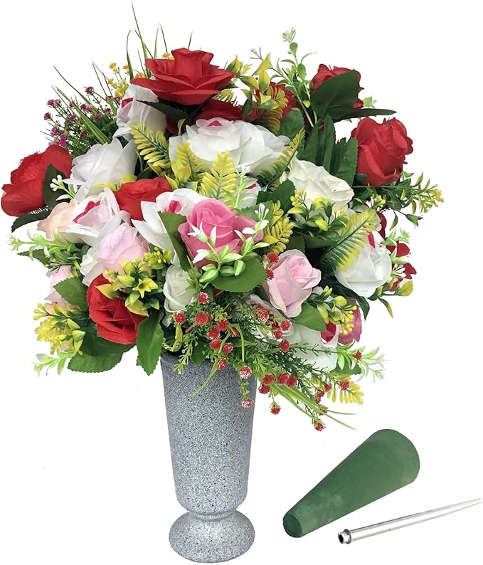 Grave Vase Cemetery Grave Decoration for Cemetery Grave Headstone Flower Vases with Spikes and Floral Foam