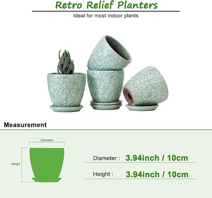 Succulent Planter for Indoor Plants, 4 Inch Small Ceramic Plant Pot with Drainage Holes and Saucers, Flower Pots for herb - Set of 4