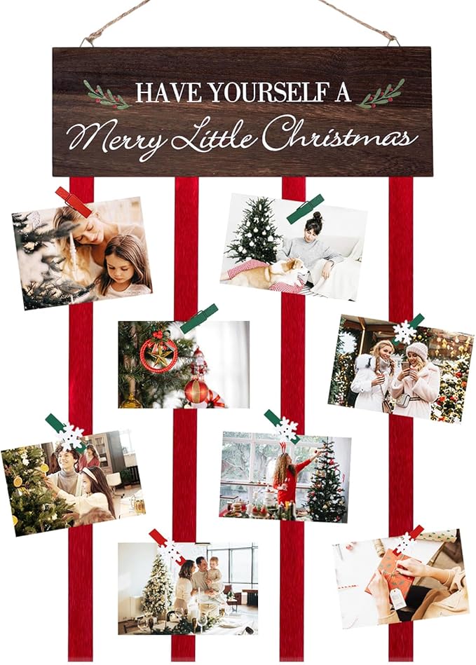 Christmas Card Holder Display, Merry Christmas Wooden Hanging Picture Holders, Xmas Card Display with 24 Photo Clips, Xmas Wall Door Window Home Decor