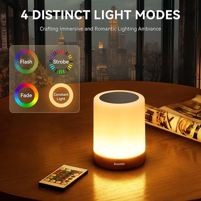 Auxmir LED Night Light Bedside Lamp Touch and Remote Control Dimmable Tabletop 13 Colors Changing 5 Brightness Adjustable Rechargeable Portable Lamp for Baby Kids Bedroom Living Room Outdoor Camping