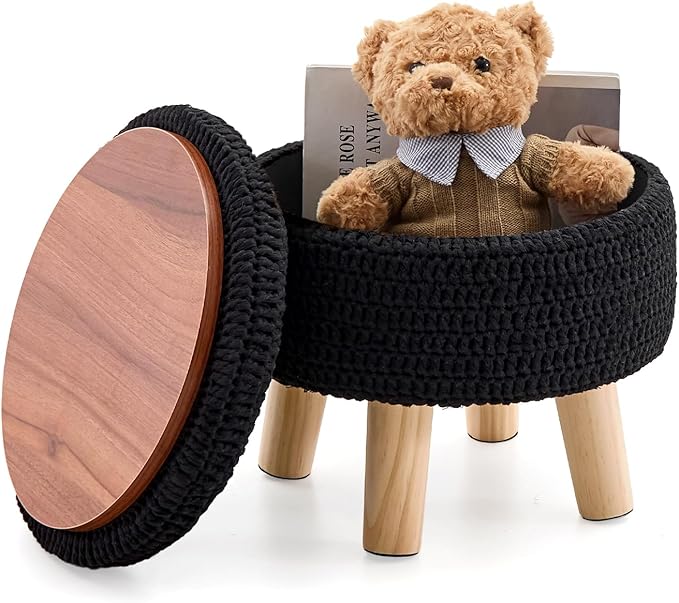Wimarsbon Pouf Ottoman, 100% Cotton Knitted Boho Footstool, Round Footrest with Non-Skid Wood Legs, Home Décor Handmade Pouffe, Leisure Floor Step Stool for Living Room (Storage Black)