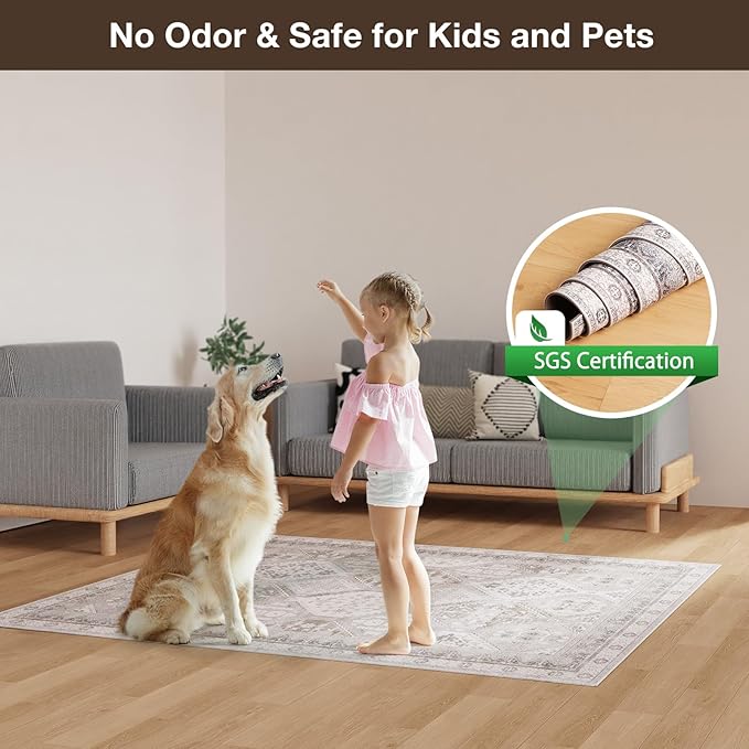 Floor Mat for Home 5×7ft, Easy Clean Plastic Rug-Like Pattern Area Mat for Living Room, Waterproof Vinyl Area Rug for Under Kitchen Table, No Slip Soft Vintage Rug for High Traffic Area (White)