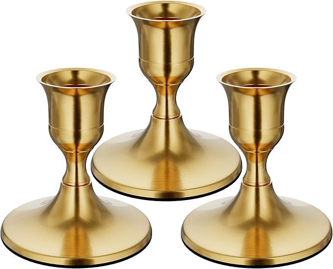Brass Gold Taper Candle Holders Set of 3, Vintage Metal Candlestick Holders for Dinner Room Table Centerpiece or Mantel Wedding Party Decor