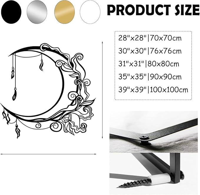 Jogwenu Moon Floral Metal Wall Decor, Moon Metal Wall Decor, Celestial Wall Art, Boho Wall Art, Floral Wall Hanging, Boho Room Decoration, Living Room Bedroom Wall Hanging (Black, 35"x35"|90x90cm)