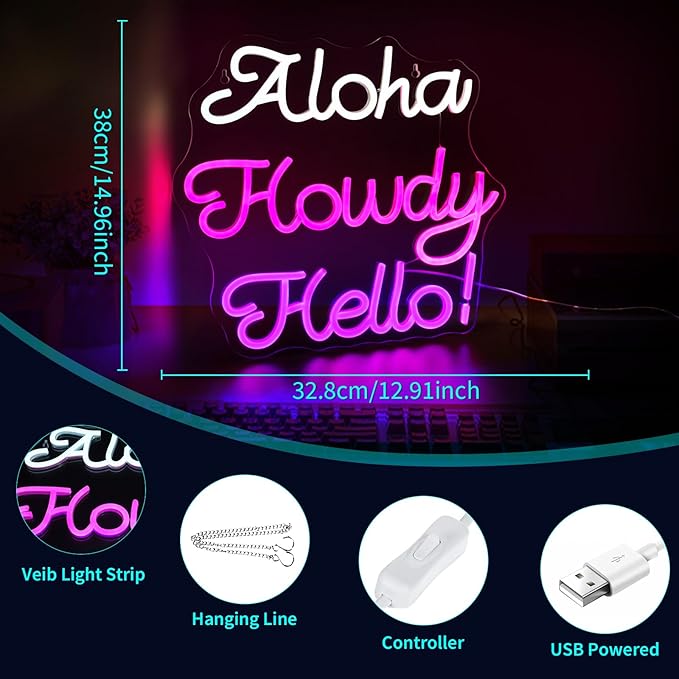 Aloha Howdy Hello Neon Signs for Wall Decor LED Neon Sign for Room Neon Light Sign for Wall Decor Birthday Party USB Powered