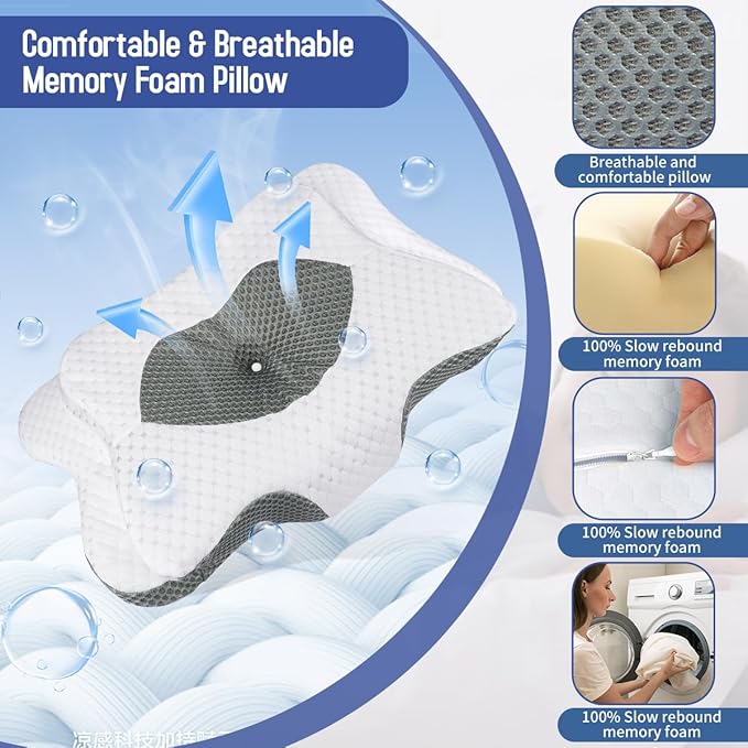 Cervical Pillow for Neck Pain Relief, Contour Memory Foam Pillows for Sleeping, Ergonomic Orthopedic Neck Support Pillow for Side, Back, Stomach Sleepers, Neck Pillow with Breathable Pillowcase, Gray