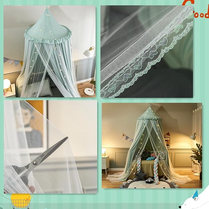 VETHIN Bed Canopy for with Lights,Double Layer Princess Round Dome Dreamy Mosquito Net Bedding Girls Room Castle Play Tent Hanging House Decor Reading Nook Canopies(Green/White)