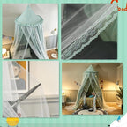 VETHIN Bed Canopy for with Lights,Double Layer Princess Round Dome Dreamy Mosquito Net Bedding Girls Room Castle Play Tent Hanging House Decor Reading Nook Canopies(Green/White)