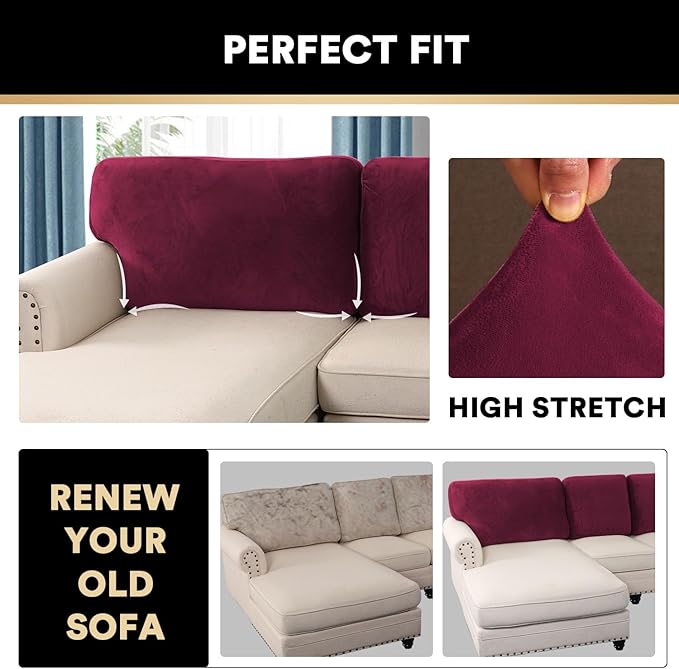 PrinceDeco Velvet Cushion Covers for Sectional Couch, 3 Back Cushion, Burgundy