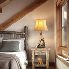 27.25'' Rustic Antler Table Lamps for Living Room with USB A + C Charging Ports Western Cabin Bedside Lamps for Bedroom Nightstand Lamps with Faux Leather Lampshade, Single, Bulb Not Included