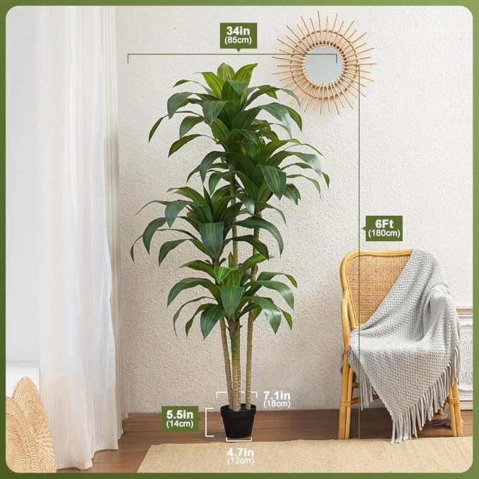 Artificial Dracaena Tree, 6FT Tall Fake Plants with UV Resistant Leaves, Faux Tropical Yucca Trees for Indoor Outdoor, Potted Large Floor Plant for Home Decor Living Room Porch, VN123