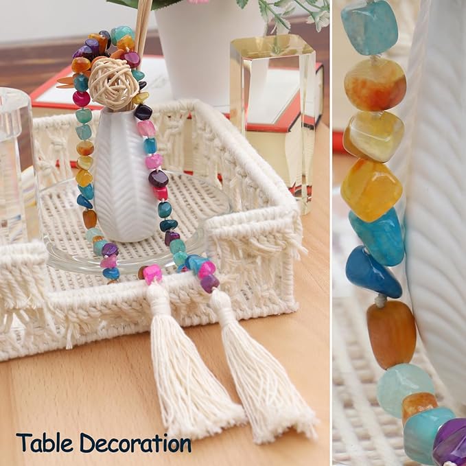 Agate Stone Hand Knotted Garland Modern Farmhouse Rustic Table Home Decor, 30inch Meditation Accessories with Tassel, Prayer Healing Beads Boho Wall Shelf Hanging Decoration (Deep Multicolor)