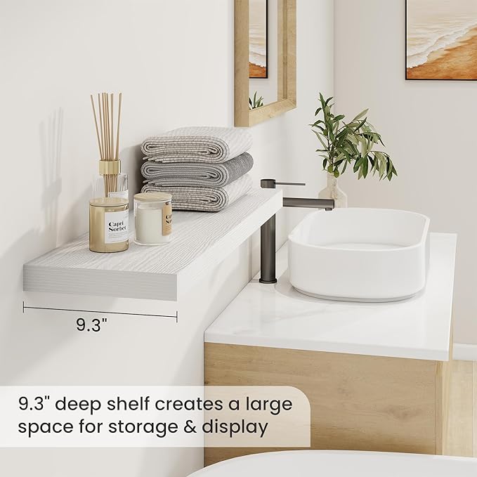 Fun Memories 32 Inch Floating Shelves for Wall, 9 Inch Deep White Rustic Wood Wall Mounted Shelves for Bathroom, Bedroom, Living Room, Set of 2