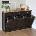 30 Gallon Tilt Out Trash Cabinet, Wooden Kitchen Trash Can Cabinet with Hideaway Drawer, Freestanding Laundry Hamper Garbage Recycling Cabinet on Wheels, Pet Proof, Triple, Black