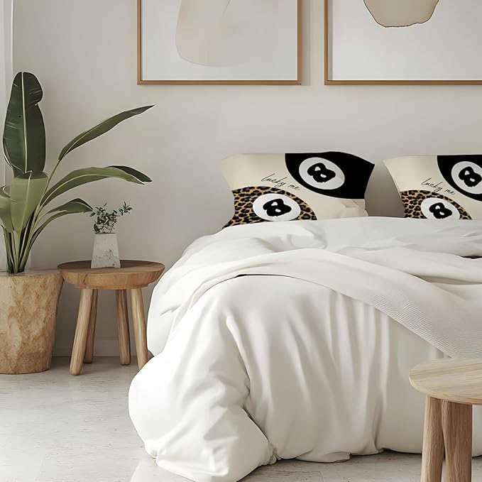 Trendy Leopard Lucky 8 Ball Pillow Covers 18x18, Cheetah Leopard Print Room Decor, Funky Preppy Leopard and Black Billiards Decorative Throw Pillow Covers for Girls Dorm Apartment