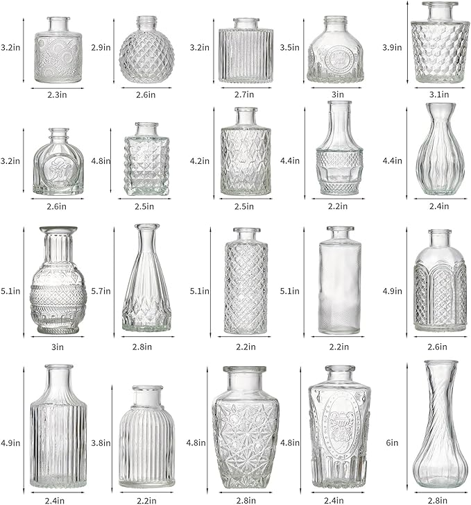 Glass Bud Vase Set of 20 - Small Vases for Flowers in Bulk - Assorted Vintage Crystal Vases for Flowers, Table Centerpieces (Clear, 20 Pcs)