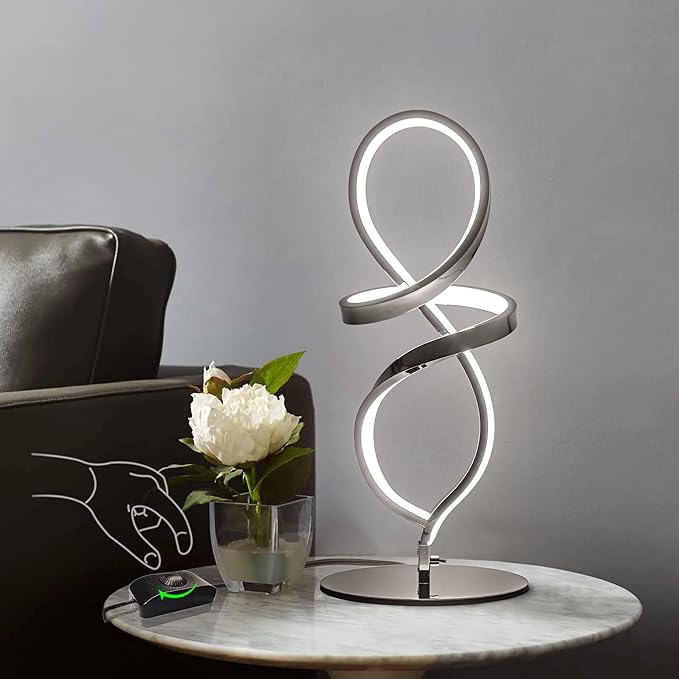 Mayful Modern Table Lamp with LED Spiral Design, Bedside Lamp with Stepless Dimming Switch, Contemporary Nightstand & Chrome Table Lamp for Bedroom, Living Room, Home Office, 12W 3200K Warm White