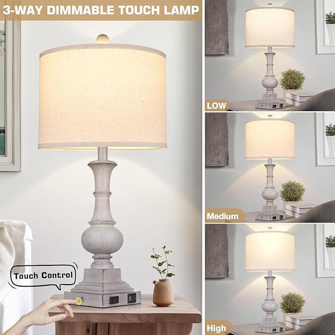 Farmhouse Lamps Set of 2, 26" Vintage Rustic Touch Control Bedside Lamp with USB A+C Ports & AC Outlet, 3-Way Dimmable Boho Nightstand Lamp Washed Resin Linen Fabric Shade for Living Room Bedroom Grey