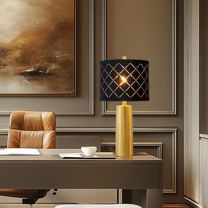 RORIANO 24" Modern Table Lamp for Living Room Bedroom, Gold Nightstand Resin Lamp with Black Grid Shade