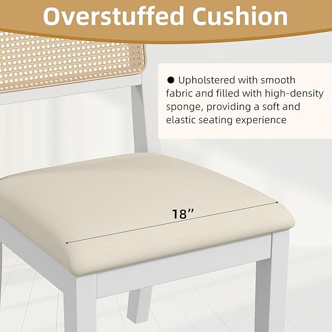 Westice Rattan Dining Chairs Set of 2, Farmhouse Natural Dining Room Chairs with Upholstered Cushion, Wood Armless Chairs for Kitchen/Restaurant, White