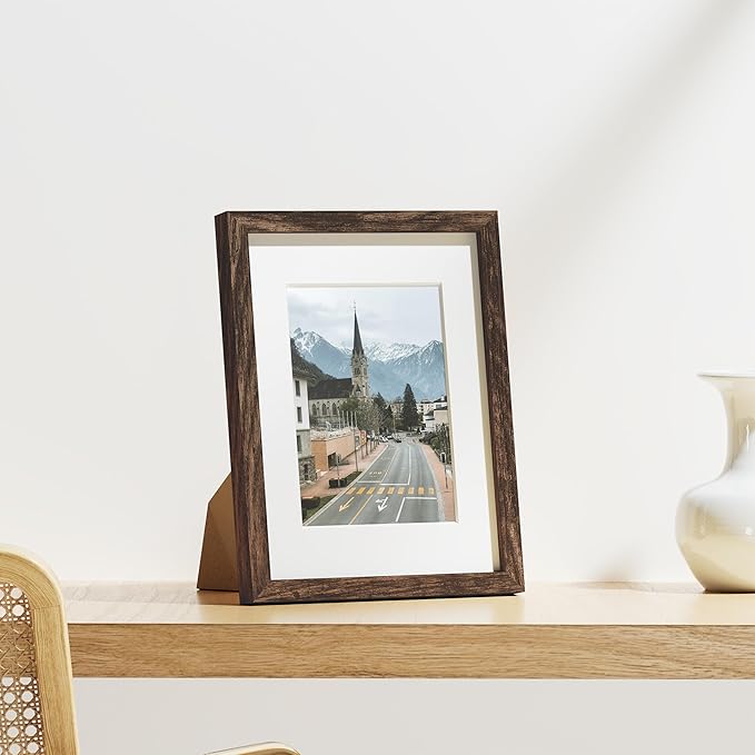 Vittanly 8.5x11 Picture Frames Set of 9, Shatter Resistant Plexiglass, Display 6x8 Pictures with Mat or 8.5x11 without Mat, Photo Frames for Wall or Tabletop, Engineered Wood, Brown
