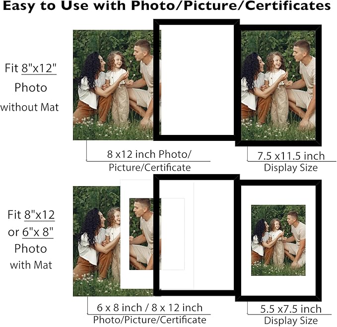 12 Packs 8x12 Picture Frames, Display 6x8 with Mat or 8x12 Without Mat, Gallery Wall Frame Set, 8 by 12 Frames Bulk Set of 12 Collage Wall Decor Photo Frames Set for Wall and Tabletop, Black