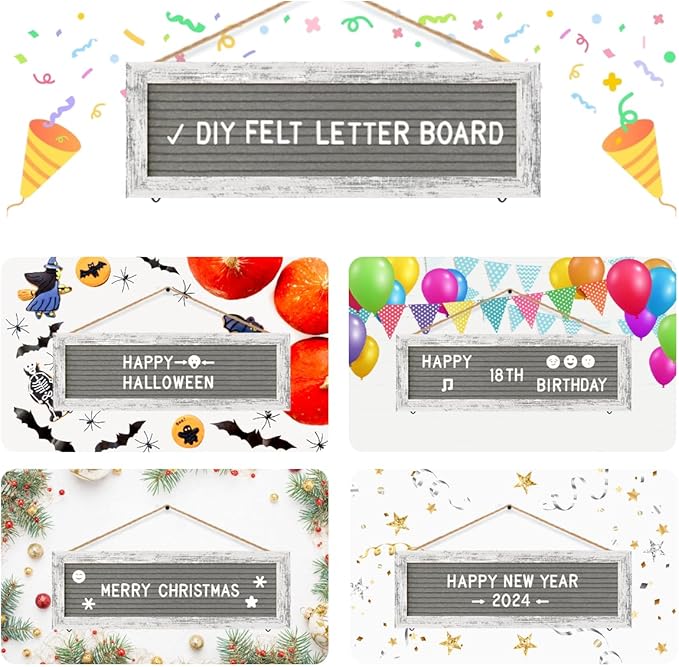 Picture Frames Hanging Display Wooden Board, Felt Letter Board with 340 Letters and 15 Clips, Photo Frames Collage Wall Decor for Family Birthday Mothers Day Party Gifts