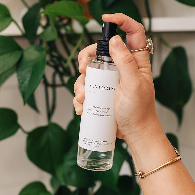 Brooklyn Candle Studio Santorini Room Mist - Long Lasting Fragrance Spray for Body & Linens, Sandalwood & Amber, Air Freshener for Bathroom & Bedroom, Clean Ingredients