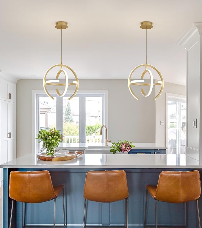 Q&S Modern Led Chandelier Gold Round Globe LED Hanging Pendant Light Fixtures for Entryway Kitchen Island Dining Room Living Room