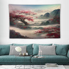 Japanese Tapestry, Red Plum Cherry Blossom Mountain, Asian Wall Art, Nature Landscape for Bedroom & Living Room Decor, 60"x40"