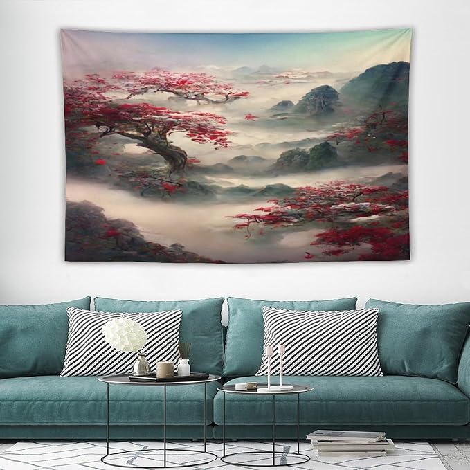 Japanese Tapestry, Red Plum Cherry Blossom Mountain, Asian Wall Art, Nature Landscape for Bedroom & Living Room Decor, 60"x40"