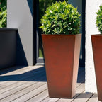 WORTH Garden 25" Large Metal Glazed Planter Set of 2, Luxurious Glossy Finish Red Tall Square Tapered Steel Plant Pots, Decor Flower Pot Indoor & Outdoor, Drainage Hole & Dual-Purpose Plant Saucer