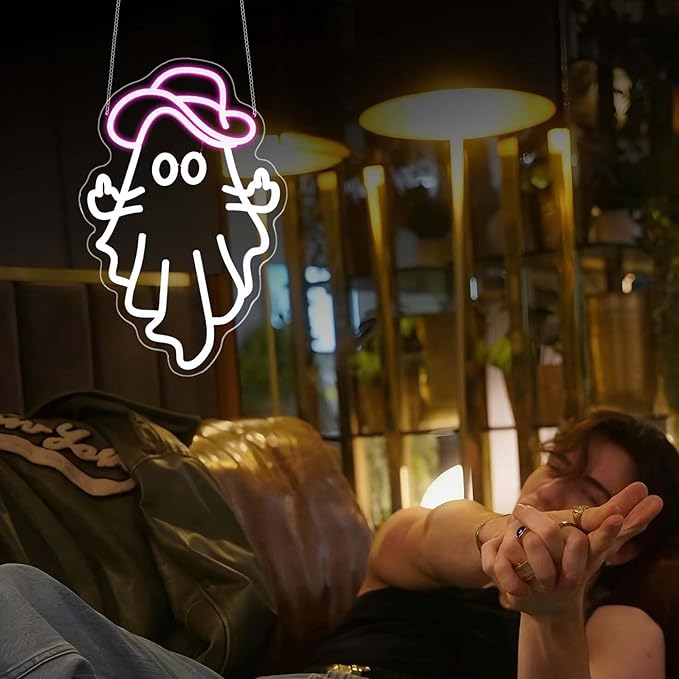 Cowboy Ghost Neon Sign, Neon Signs for Wall Decor Neon White Pink LED Signs Room Neon Light Up Signs Home Decor for Bedroom Club Party Bar Shop USB Operated