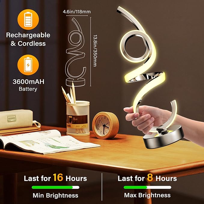 Modern Spiral Table Lamp Color Changing Night Light Rechargeable LED Nightstand Lamp Dimmable Bedroom Lamp Remote Control for Home Decor Living Room Bedroom Office