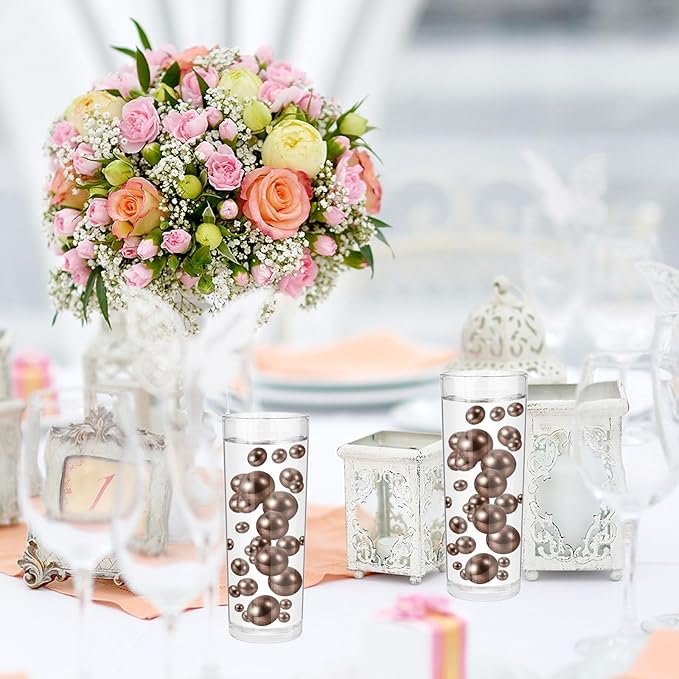 200PCS Brown Faux Pearls Beads for Centerpiece Vases, Vase Filler Faux Pearls, No Holes Filler Beads for Party Anniversary Birthday Wedding Table Decor, 10/14/20/30mm