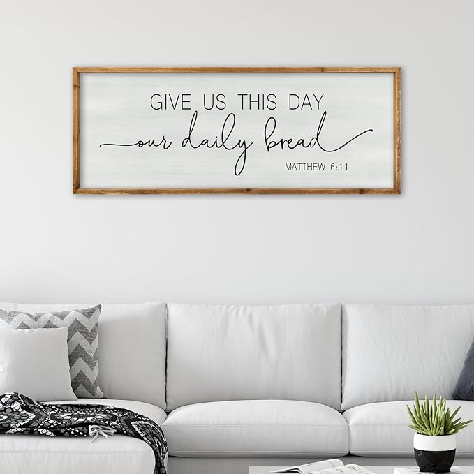 ZZJJHYWGQ Dining Room Wall Decor Give Us This Day Our Daily Bread Sign Bible Verse Christian Quotes 40"×15" Matthew 6:11 for Kitchen Large Farmhouse Rustic Horizontal Wall Hanging Art (Wood)