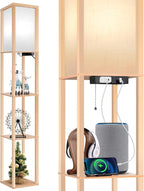 OUTON Floor Lamp with Shelves, LED Shelf Floor Lamp with 1 USB & 1 Type C Ports, 1 AC Outlet, 3 Color Temperature, Storage Display Wood Column Tall Standing Lamp for Living Room, Bedroom Office, Wood