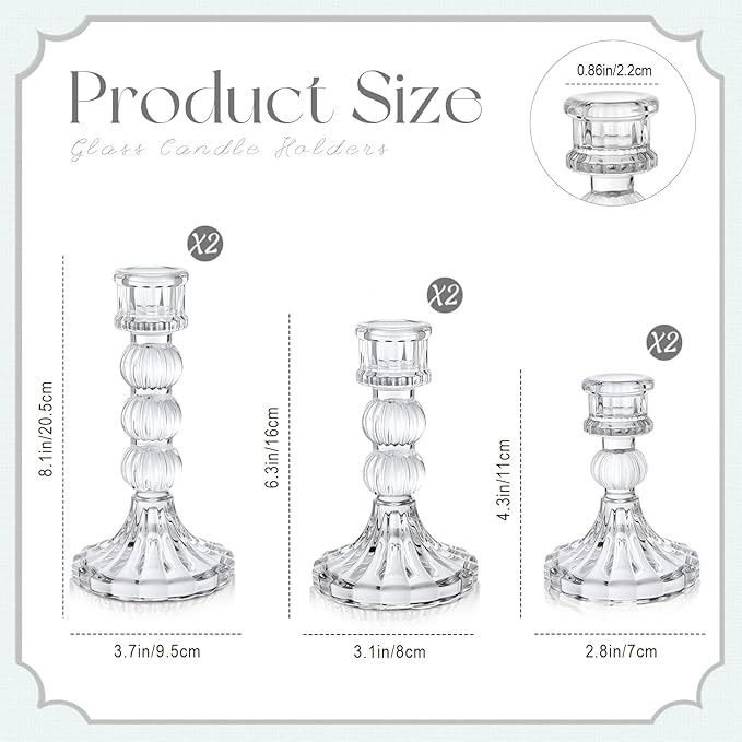 Mumufy 6 Pack Glass Taper Candle Holders Clear Candlestick Holder Fit 0.8 Inch Candles 4'' 6'' 8'' Tall Crystal Decorative Candlestick Stand Centerpiece for Table Wedding Dining Party (Vertical)