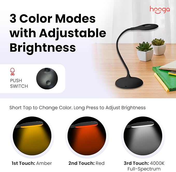 hooga Desk Lamp, Blue Light Blocking, 3 Modes: Amber 1600K, Red, Full-Spectrum 4000K, Dimmable, Rechargeable, Eye Strain Relief, Circadian Friendly