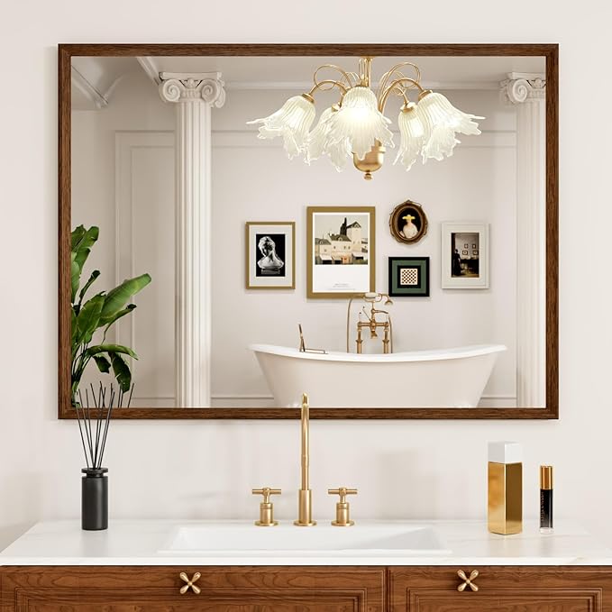 Rectangle Walnut Bathroom Mirror 40x30 Inch, Anti-Rust 4MM Tempered Glass, Modern Vanity Mirror for Bathroom, Horizontal or Vertical Wall Mount