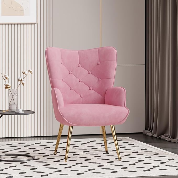 Nalupatio Mid Century Modern Accent Chair, Velvet Upholstered Armchair with Metal Legs, Tufted Button Wingback Side Chair, High Back Reading Chair for Living Room Bedroom, Pink