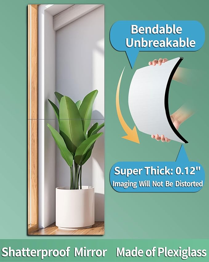 Shatterproof Wall Mirror Full Length for Bedroom, Acrylic Gym Mirrors For Home, Extra Thick: 0.12 inch, 14 x 24 inch x 2 Pcs, Workout Mirrors Safe for Kids, Over The Door, Long Wall Mounted