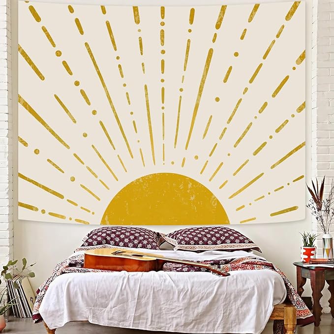 Kanuyee Gold Boho Burning Sun Tapestry Wall Hanging, Retro 70s Abstract Vintage Geometric Line Sunrise Tapestries for Bedroom Living Room Backdrop 44×60 inch