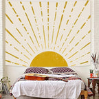 Kanuyee Gold Boho Burning Sun Tapestry Wall Hanging, Retro 70s Abstract Vintage Geometric Line Sunrise Tapestries for Bedroom Living Room Backdrop 44×60 inch