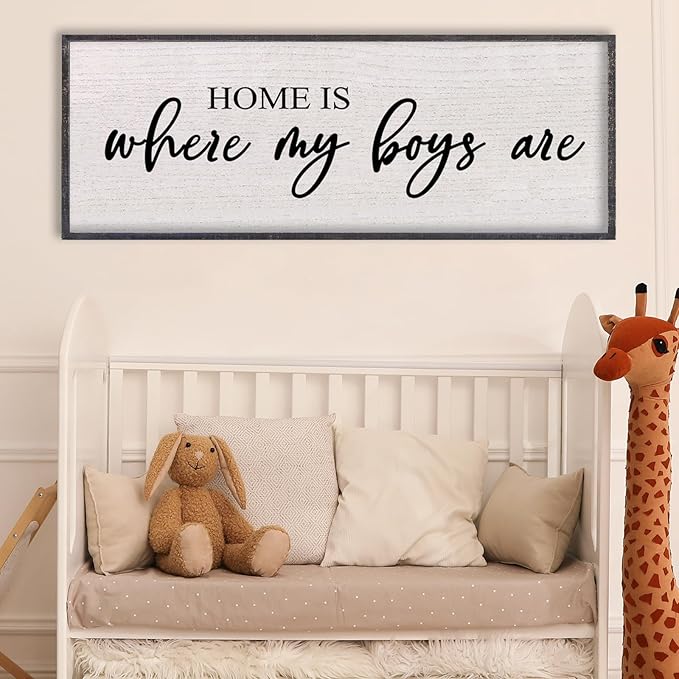 Home Is Where My Boys Are Wall Decor 32"×12" mom and her boys Sign for boys room Playroom Large Wood Framed Wall Hanging Art (Black)