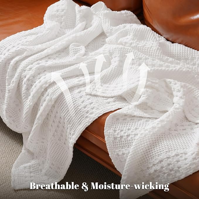 PHF 100% Cotton Waffle Weave Blanket Twin Size, Soft Lightweight Breathable Cozy Summer Blankets for Bed, Luxury Aesthetic Woven Bedding for Home Decor, 66"x90", White